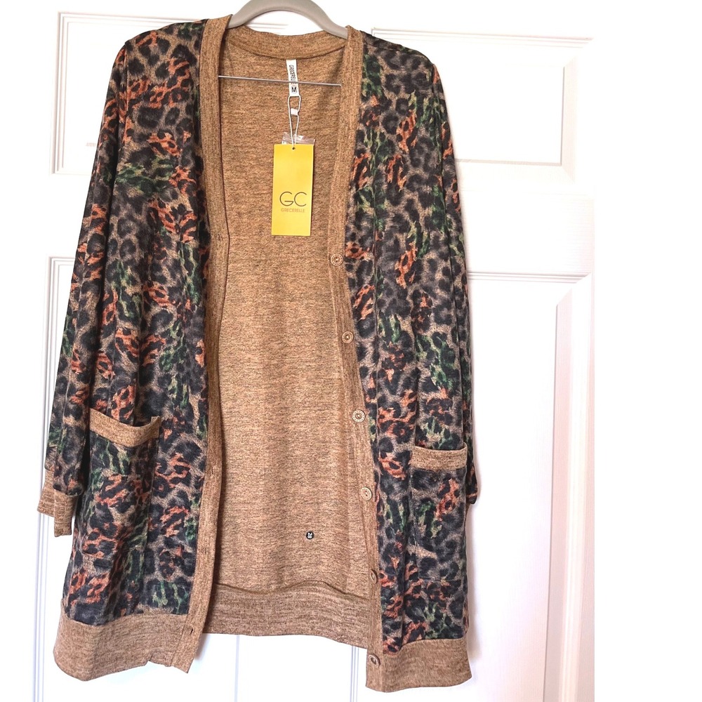 Grecerelle Womens Leopard Print Button Front Cardigan Brown Multi Size M NWT